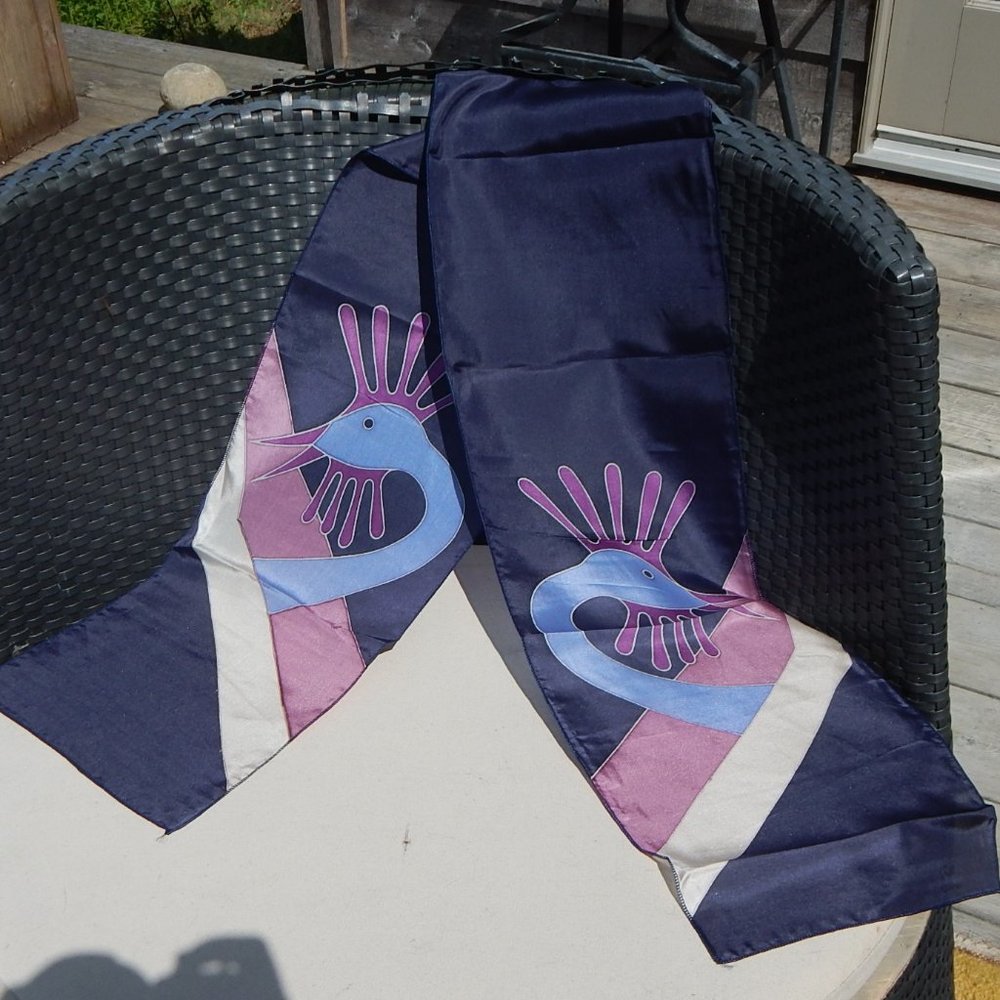 Hand-painted silk Scarf, Inuit style, blue and pink Birds, 4'x8", signed